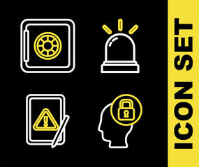 Set line Motion sensor, Human head with lock, Tablet exclamation mark and Safe icon. Vector