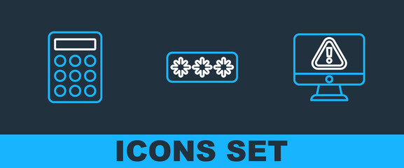 Set line Monitor with exclamation mark, Password protection and icon. Vector
