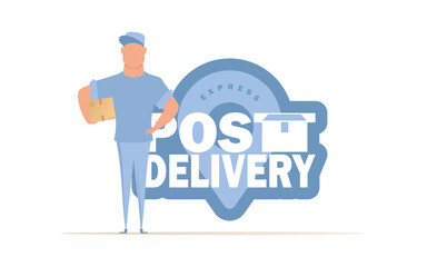 Postal courier holding a box. Cartoon style. Vector illustration. Isolated.