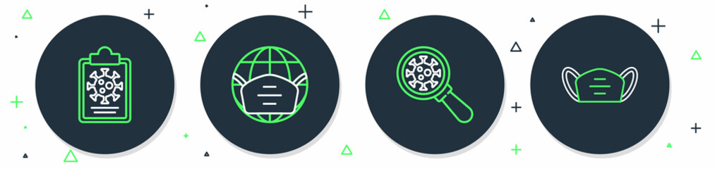 Set line Earth with medical mask, Virus under magnifying glass, Clipboard blood test results and Medical protective icon. Vector