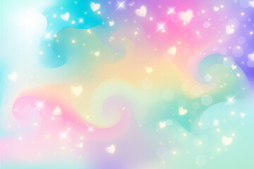 Rainbow unicorn fantasy background with hearts and stars. Holographic illustration in pastel colors. Bright multicolored sky. Vector.