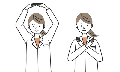 両手でまるとばつの形を作る女性医師