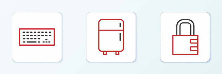 Set line Safe combination lock, Keyboard and Refrigerator icon. Vector