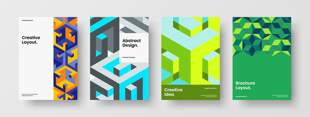 Original geometric shapes leaflet layout set. Bright pamphlet A4 vector design concept collection.