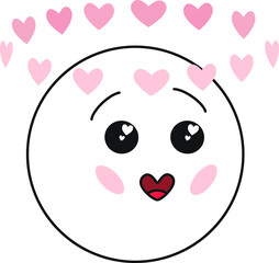 Romantic emoticon with hearts around the head. 
Vector illustration, flat style