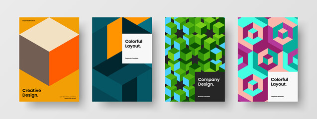 Colorful geometric pattern postcard concept bundle. Trendy presentation A4 design vector illustration set.