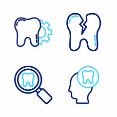 Set line Human head with tooth, Dental search, Broken and Tooth treatment procedure icon. Vector