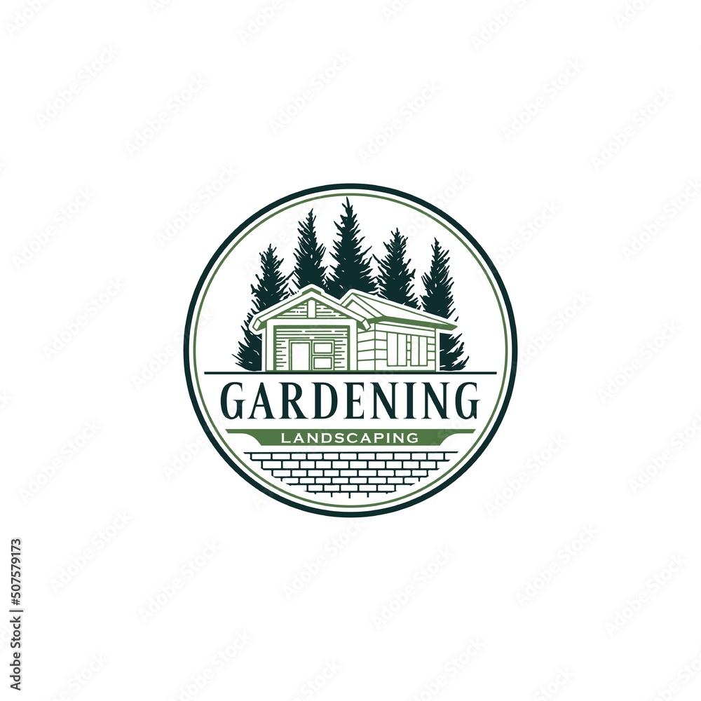 Wall mural Gardening home landscape with pine trees logo design template