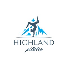 Woman pilates logo with mountain symbol logo design template