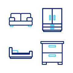 Set line Furniture nightstand, Bed, Wardrobe and Sofa icon. Vector