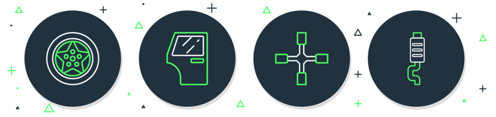 Set line Car door, Wheel wrench, wheel and muffler icon. Vector