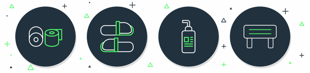 Set line Sauna slippers, Cream or lotion cosmetic tube, Toilet paper roll and wood bench icon. Vector