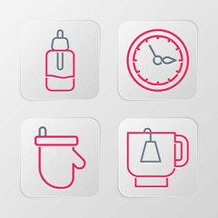 Set line Cup of tea with tea bag, Sauna mittens, clock and Essential oil bottle icon. Vector