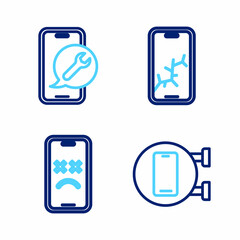 Set line Phone repair service, Dead mobile, Mobile with broken screen and icon. Vector