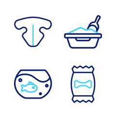 Set line Bag of food for pet, Aquarium with fish, Cat litter tray shovel and nose icon. Vector
