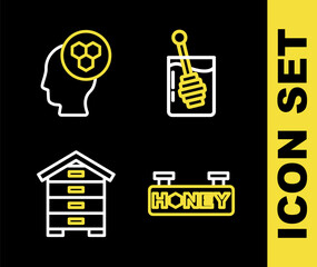 Set line Honey dipper stick, Hanging sign with honeycomb, Hive for bees and Beekeeper icon. Vector