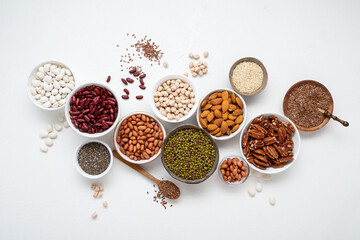 Overhead view of raw beans seeds nuts vegan food