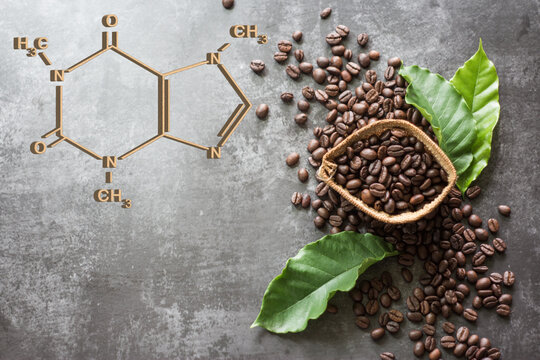 The chemical formula of coffee caffeine isolated from the background.
