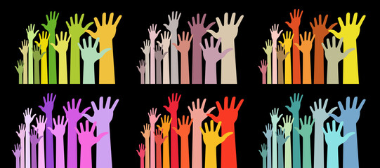 Vibrant colorful up hands. Bright colorful distort icon. Raised hands in perspective. Vector logo distorted illustration.