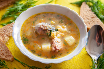 healthy soup with meat in a bowl