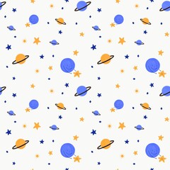 Seamless pattern with planets and little star on ivory background. Baby textile, decoration concept