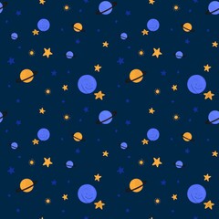 Seamless pattern with planets and little star on dark blue background. Baby textile, decoration concept