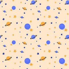 Seamless pattern with planets and little star on light orange background. Baby textile, decoration concept