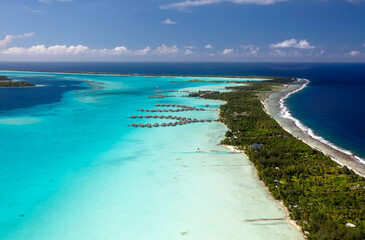 Fototapeta na wymiar Aerial Bora Bora Overwater luxury bungalows tropical Island