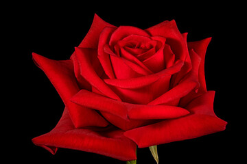 Single red rose flower isolated on black background.