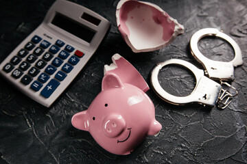 Piggy bank, calculator and handcuffs close-up. Concept of corruption and fraud. Bankruptcy or lost...