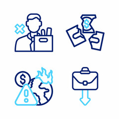 Set line Briefcase, Global economic crisis, Tearing money banknote and Employee dismissal icon. Vector