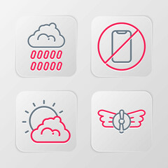 Set line Aviation emblem, Sun and cloud weather, No cell phone and Cloud with rain icon. Vector