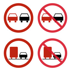Set of No overtaking warning road, prohibition transportation icon, car forbidden information vector illustration