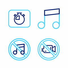 Set line Prohibition no video recording, Speaker mute, Music note, tone and Stopwatch icon. Vector