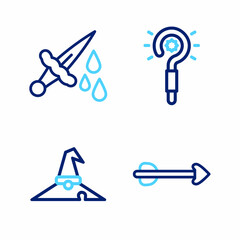 Set line Arrow, Witch hat, Magic wand and Sword with blood icon. Vector