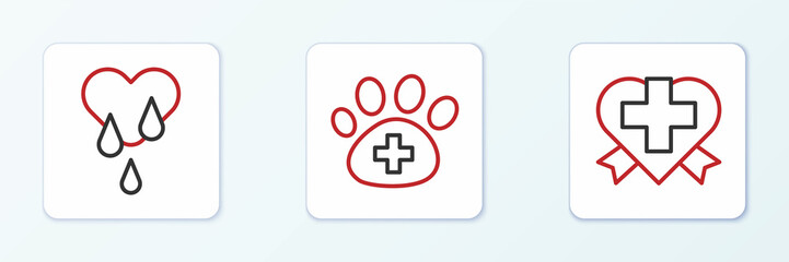 Obraz premium Set line Heart with cross, Blood donation and Veterinary clinic icon. Vector