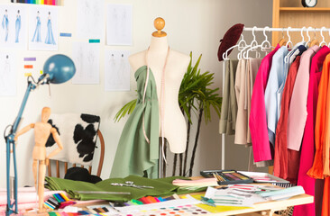 fashion design studio for sewing and cutting clothes, designer clothes, manufacturing, craft product.