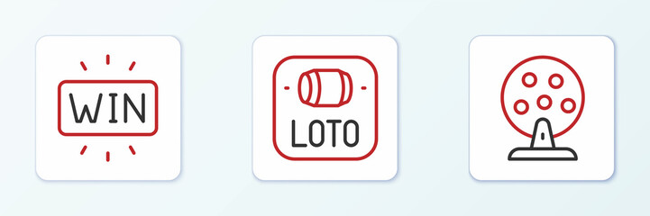 Set line Lottery machine, Casino win and ticket icon. Vector