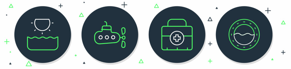 Set line Submarine, First aid kit, Sun and Ship porthole icon. Vector