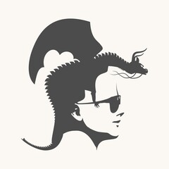 Optical illusion. Woman head with dragon as haircut. Self protection concept