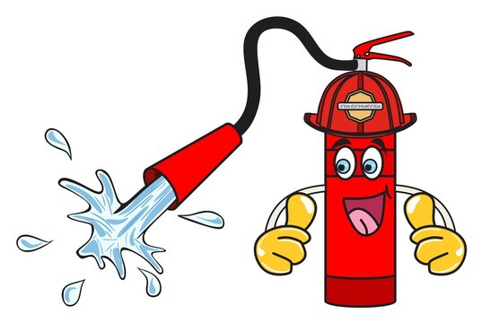 Cartoon fire extinguisher character for school kids safety awareness water fight firefighter concept vector drawing fighter illustration smile thumbs up funny training  hose logo icon sign
