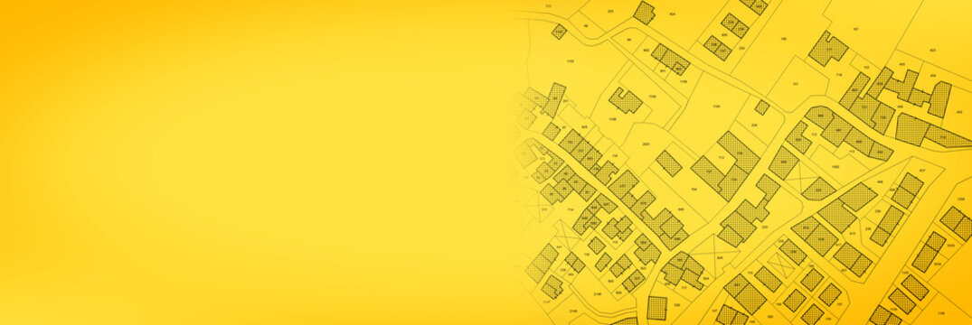Imaginary cadastral map of territory with buildings, roads and land parcel - land registry concept illustration with copy space
