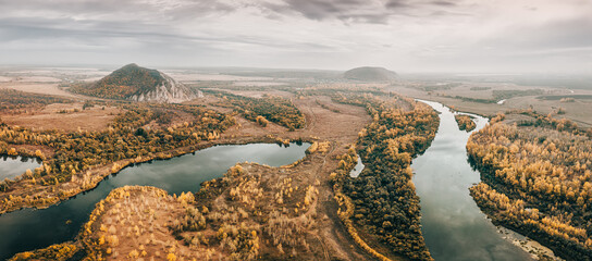 Aerial view of the popular attraction of Bashkortostan - Mount Shikhan, famous for its prehistoric...