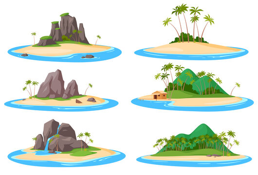 Set Tropical island in the ocean sea. Exotic natural landscape. Summer vacation. Vector illustration
