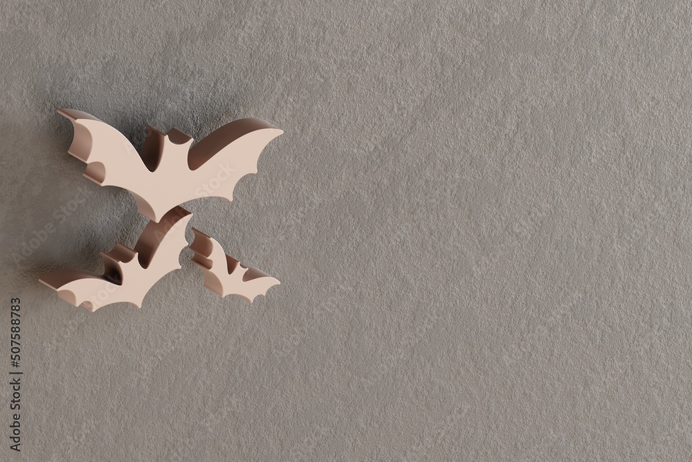 Poster Beautiful abstract illustrations Golden Halloween bats symbol icons on a gray wall background. 3d rendering illustration. Background pattern for design.