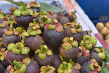 Fresh ripe mangosteen fruits for sale in a supermarket and market at Thailand, queen of fruits, mangosteen is a fruit with white flesh, sweet and delicious. Healthy fruits Red mangosteen background.