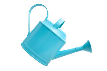Stylish blue watering can isolated and cutted on a white background. The concept of a garden and hobby and watering of domestic plants