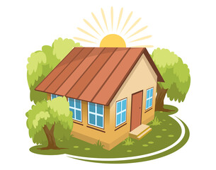 Summer landscape. House surrounded by trees