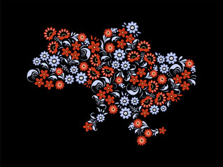 Ukraine Map Floral Vector Illustration, traditional ornament floral pattern