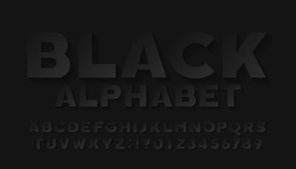 Black alphabet font. Simple letters and numbers with shadow in black. Stock vector typescript for typography design.
